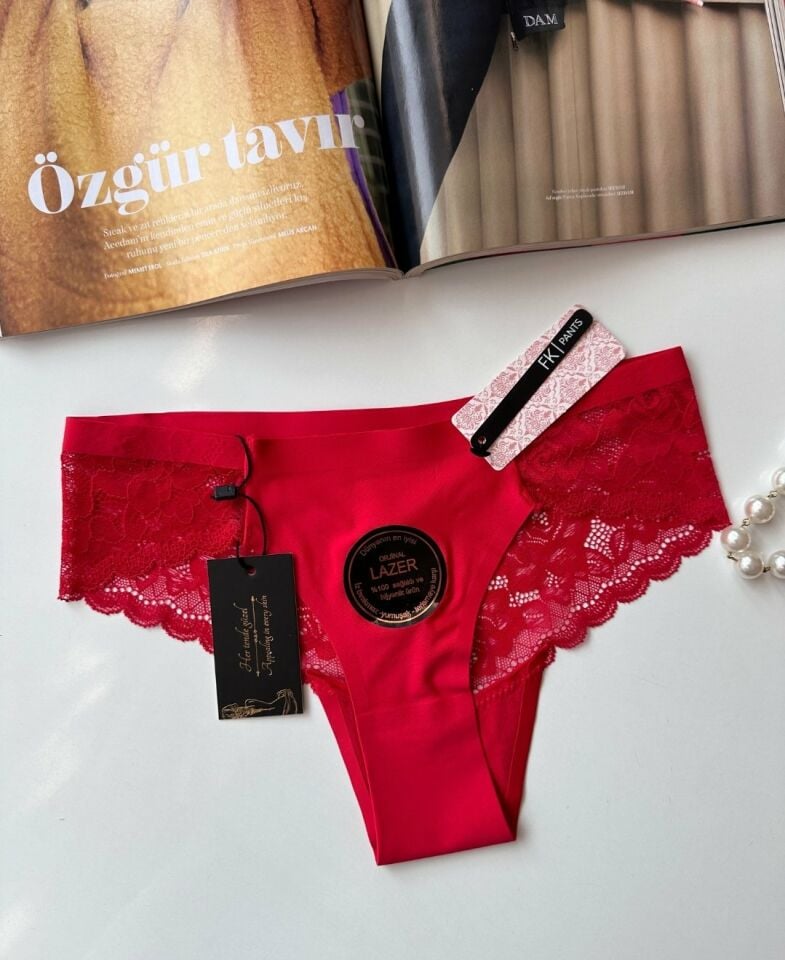 Orijinal Lazer Kesim Üstün Kalite Spandex Invisible Dikişsiz Dantelli Slip/Tanga - 2800 Kırmızı - L