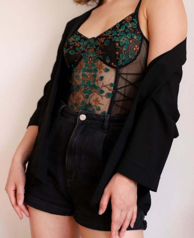 Blair Çiçekli Transparan  Nakışlı Yandan Bağlamalı Seksi Bodysuit/Babydoll Siyah - S