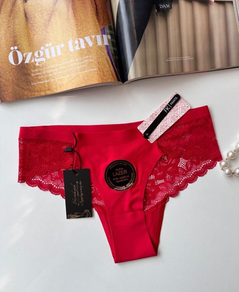Orijinal Lazer Kesim Üstün Kalite Spandex Invisible Dikişsiz Dantelli Slip/Tanga - 2800 Kırmızı - M