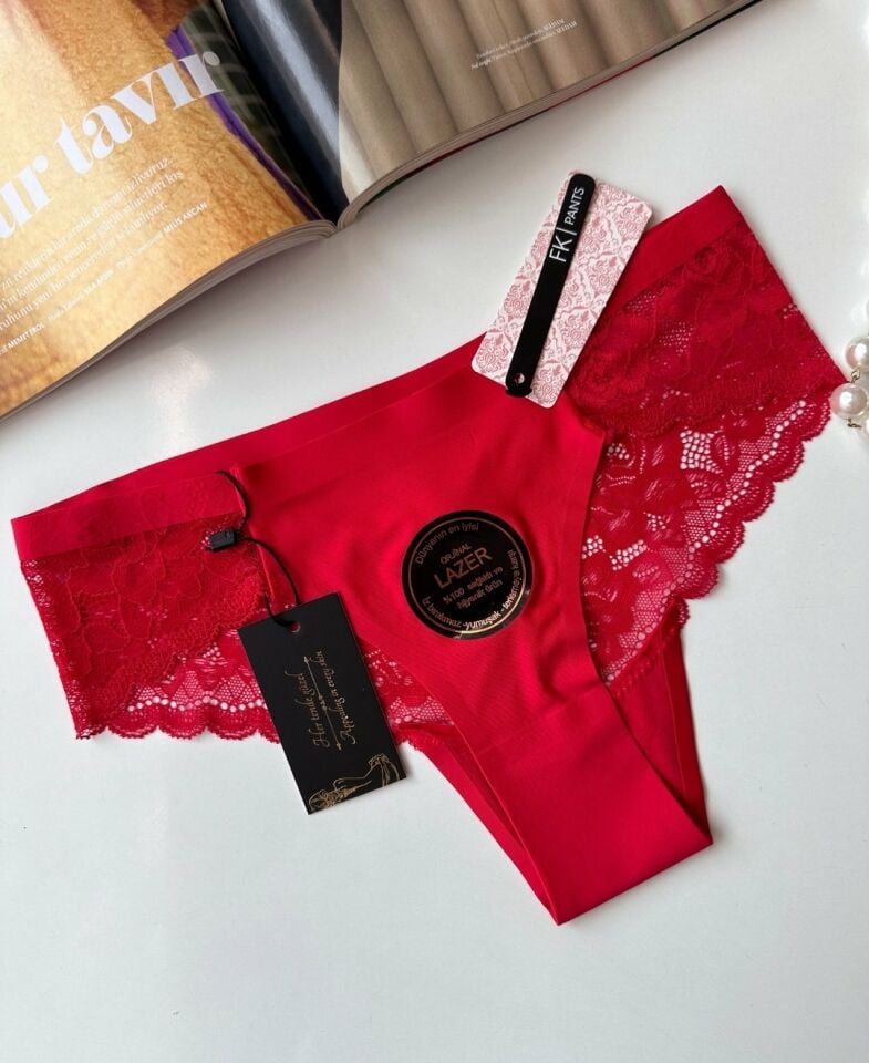 Orijinal Lazer Kesim Üstün Kalite Spandex Invisible Dikişsiz Dantelli Slip/Tanga - 2800 Kırmızı - M
