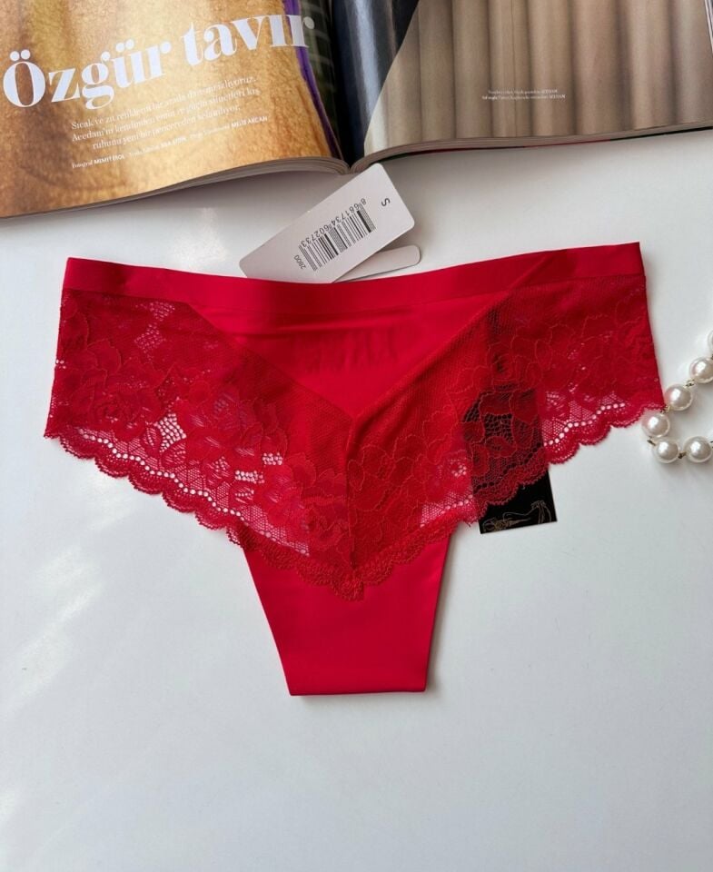 Orijinal Lazer Kesim Üstün Kalite Spandex Invisible Dikişsiz Dantelli Slip/Tanga - 2800 Kırmızı - M