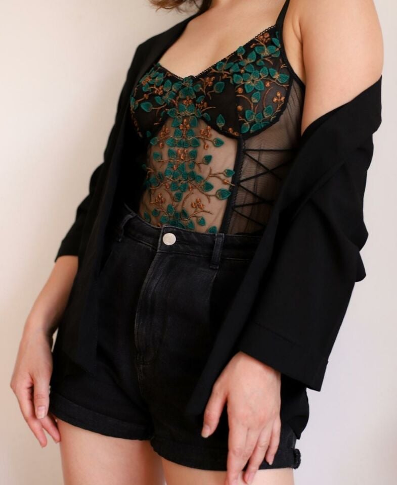 Blair Çiçekli Transparan  Nakışlı Yandan Bağlamalı Seksi Bodysuit/Babydoll Siyah - M