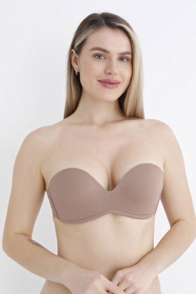 NBB Straplez Kesim İçi Silikonlu Push-up Balensiz Askısız Özel Günler İçin Sütyen Vizon - 90