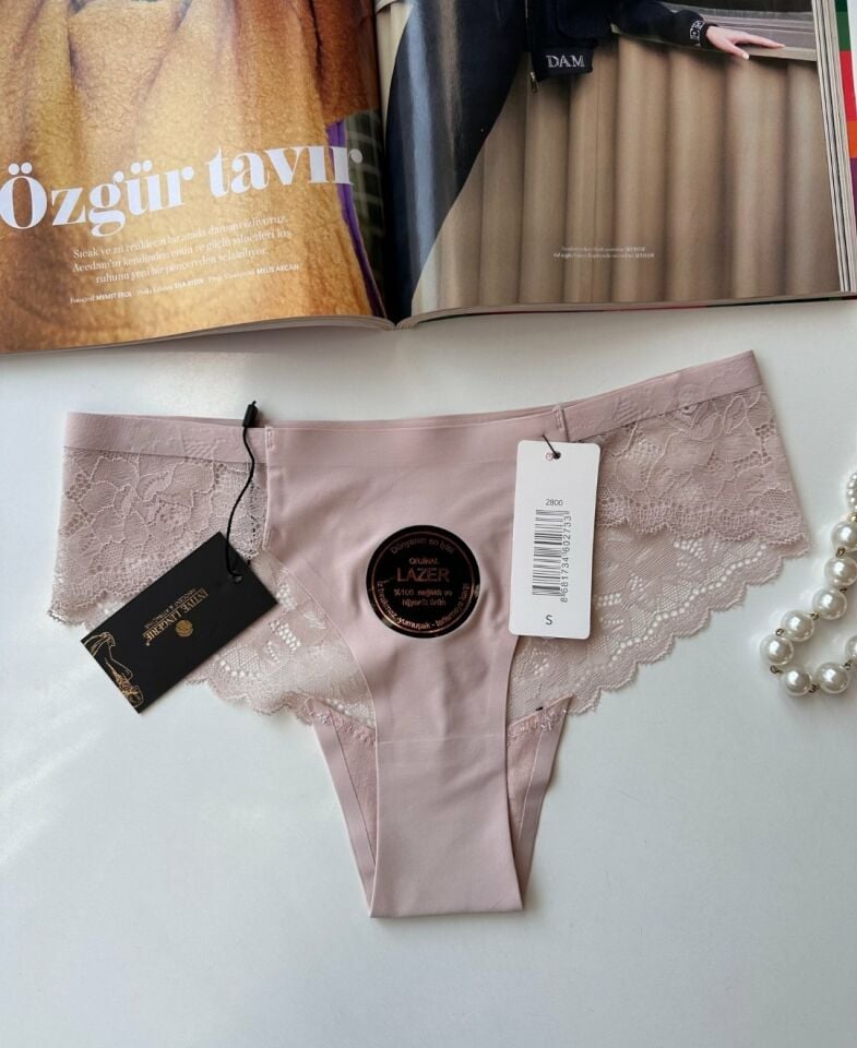Orijinal Lazer Kesim Üstün Kalite Spandex Invisible Dikişsiz Dantelli Slip/Tanga - 2800 Pudra  - L