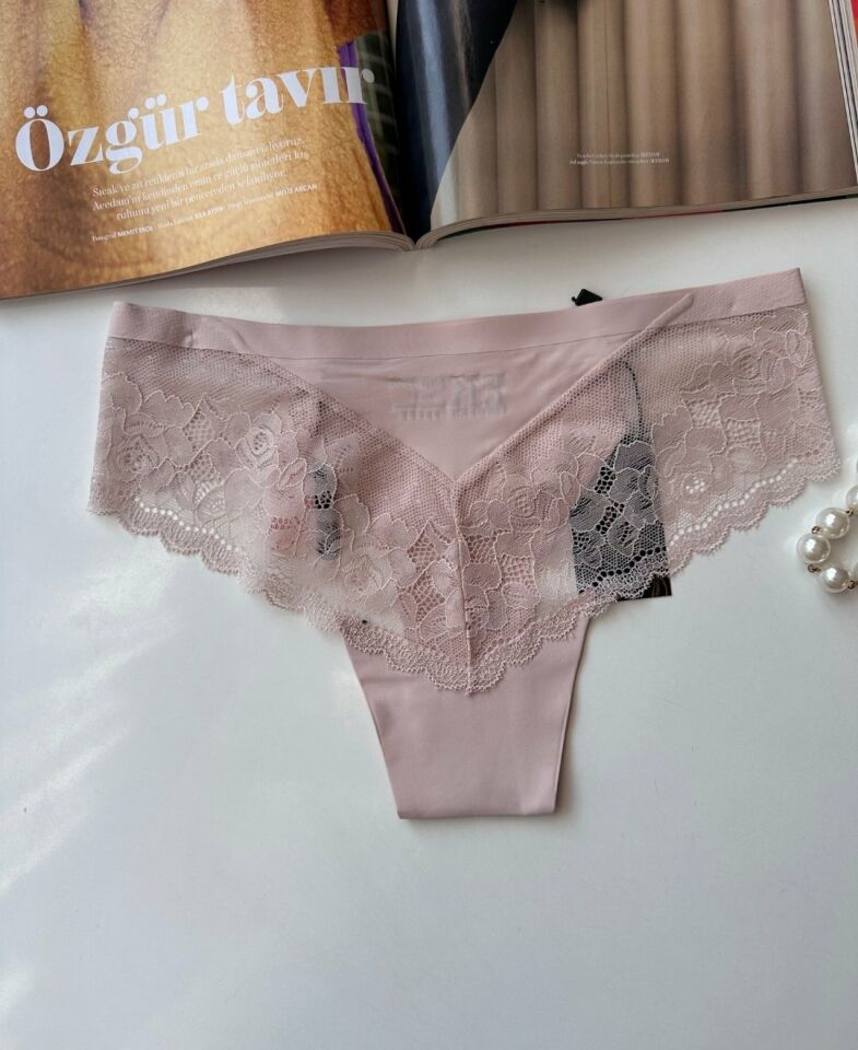 Orijinal Lazer Kesim Üstün Kalite Spandex Invisible Dikişsiz Dantelli Slip/Tanga - 2800 Pudra  - L