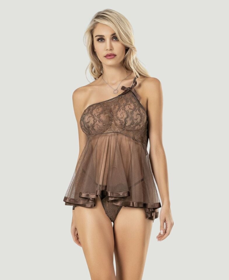 Moongirl Kahverengi Ultra Mini Tek Omuz Dantelli Tül Gecelik Kahverengi - XL