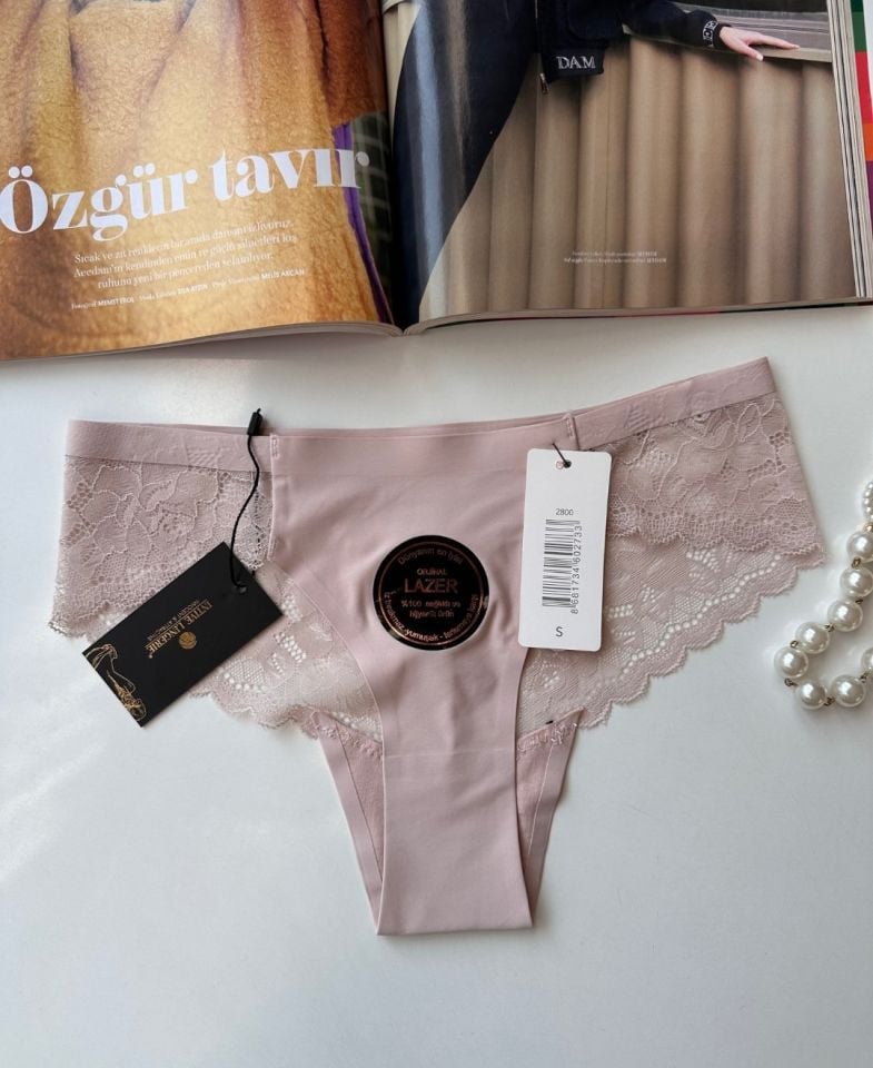 Orijinal Lazer Kesim Üstün Kalite Spandex Invisible Dikişsiz Dantelli Slip/Tanga - 2800 Pudra  - M