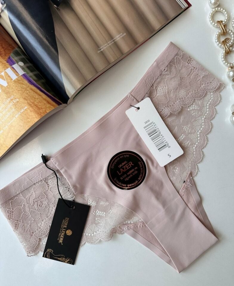 Orijinal Lazer Kesim Üstün Kalite Spandex Invisible Dikişsiz Dantelli Slip/Tanga - 2800 Pudra  - M