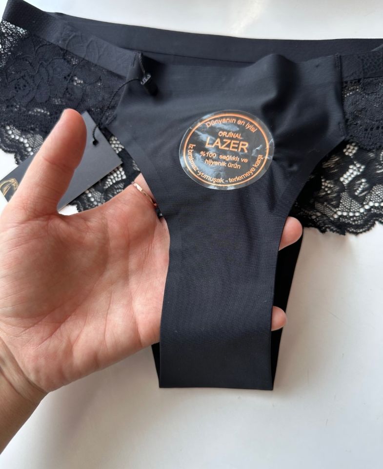 Orijinal Lazer Kesim Üstün Kalite Spandex Invisible Dikişsiz Dantelli Slip/Tanga - 2800 Siyah - S