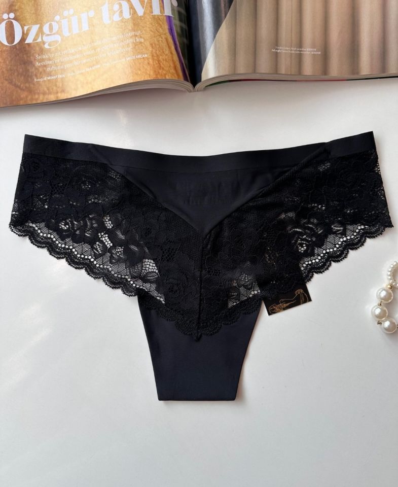 Orijinal Lazer Kesim Üstün Kalite Spandex Invisible Dikişsiz Dantelli Slip/Tanga - 2800 Siyah - S