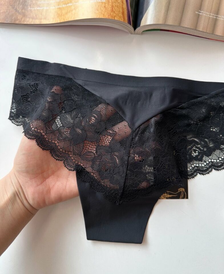 Orijinal Lazer Kesim Üstün Kalite Spandex Invisible Dikişsiz Dantelli Slip/Tanga - 2800 Siyah - S