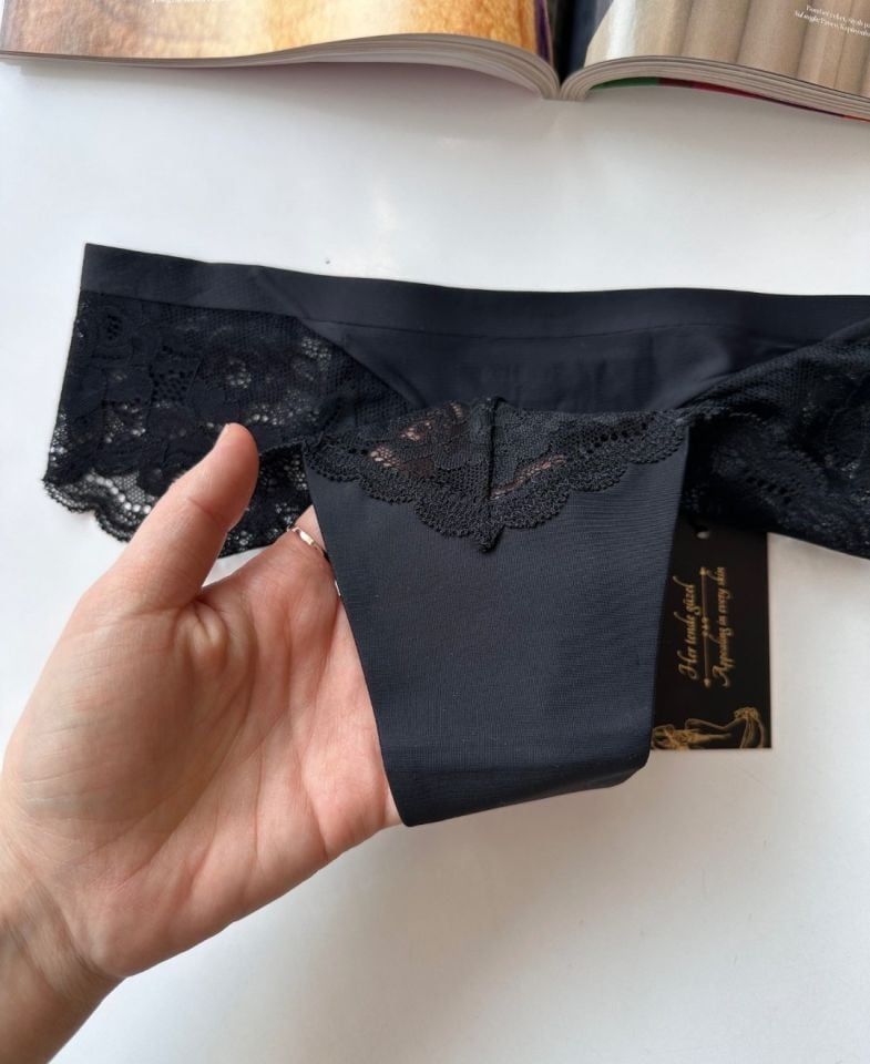 Orijinal Lazer Kesim Üstün Kalite Spandex Invisible Dikişsiz Dantelli Slip/Tanga - 2800 Siyah - S