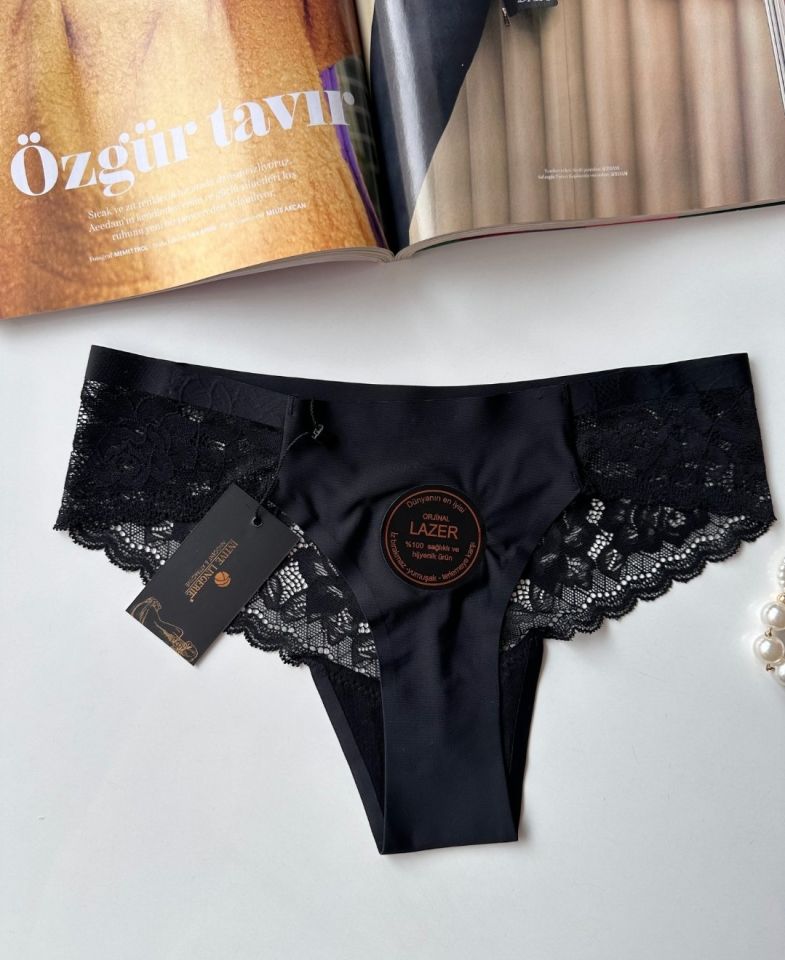 Orijinal Lazer Kesim Üstün Kalite Spandex Invisible Dikişsiz Dantelli Slip/Tanga - 2800 Siyah - L