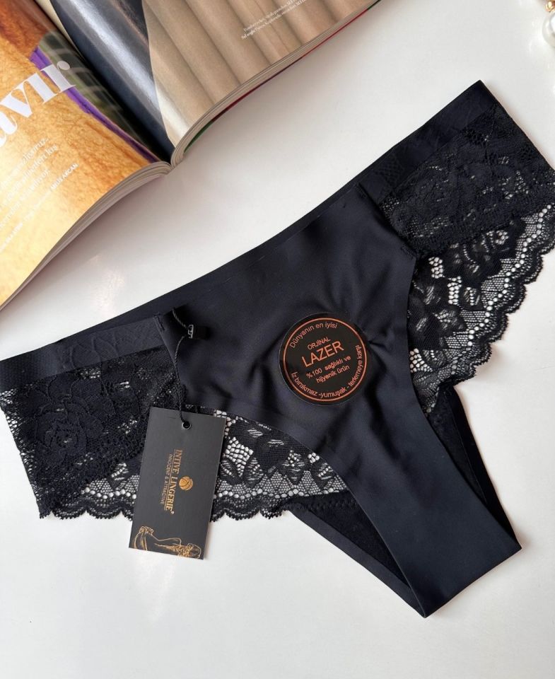 Orijinal Lazer Kesim Üstün Kalite Spandex Invisible Dikişsiz Dantelli Slip/Tanga - 2800 Siyah - L
