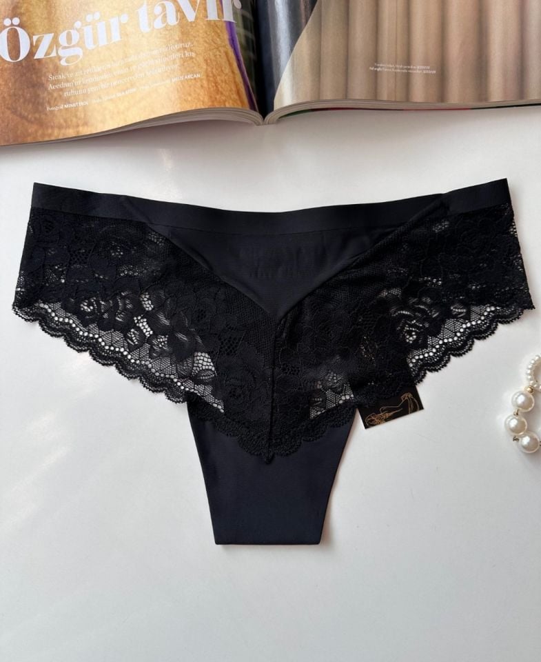 Orijinal Lazer Kesim Üstün Kalite Spandex Invisible Dikişsiz Dantelli Slip/Tanga - 2800 Siyah - L