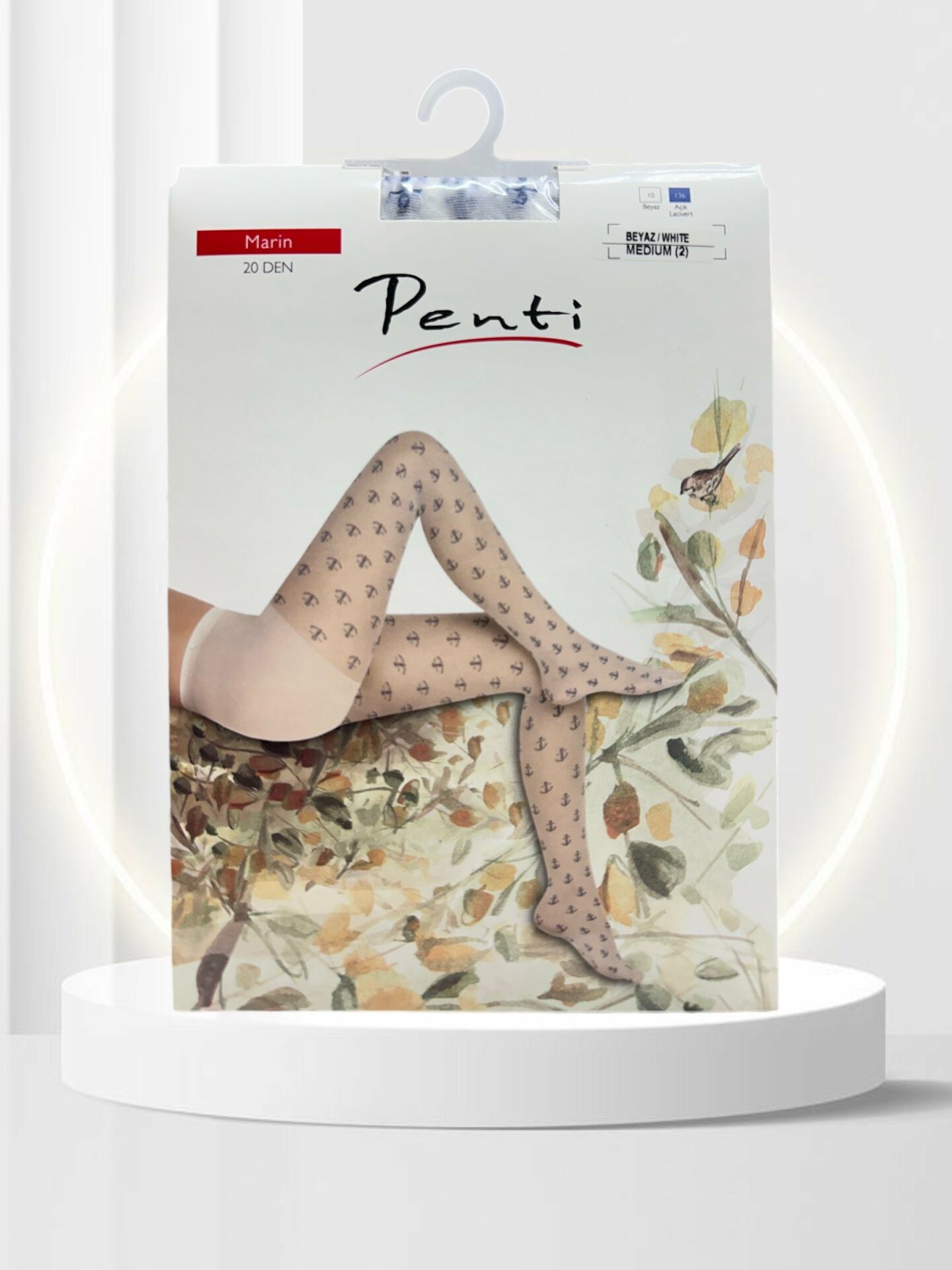 Penti Beyaz Mavi Marin Desenli 20 Den Külotlu Pamuk Ağlı Çorap-Beyaz/Lacivert Beyaz - M