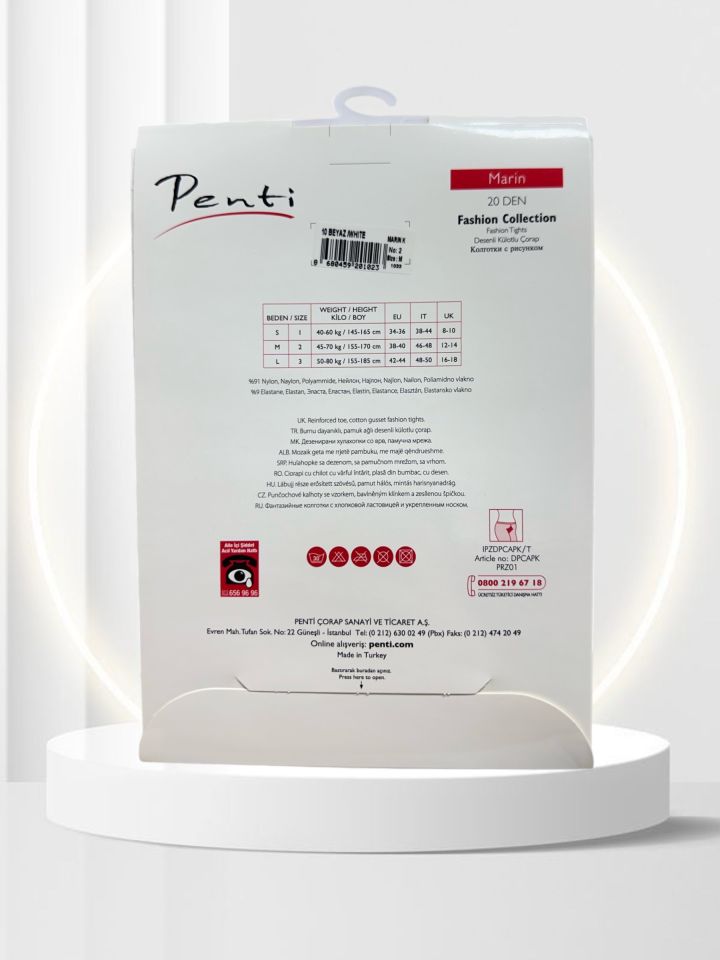 Penti Beyaz Mavi Marin Desenli 20 Den Külotlu Pamuk Ağlı Çorap-Beyaz/Lacivert Beyaz - M