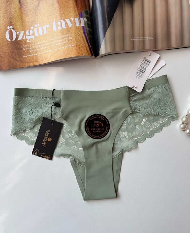 Orijinal Lazer Kesim Üstün Kalite Spandex Invisible Dikişsiz Dantelli Slip/Tanga - 2800 Yeşil - S