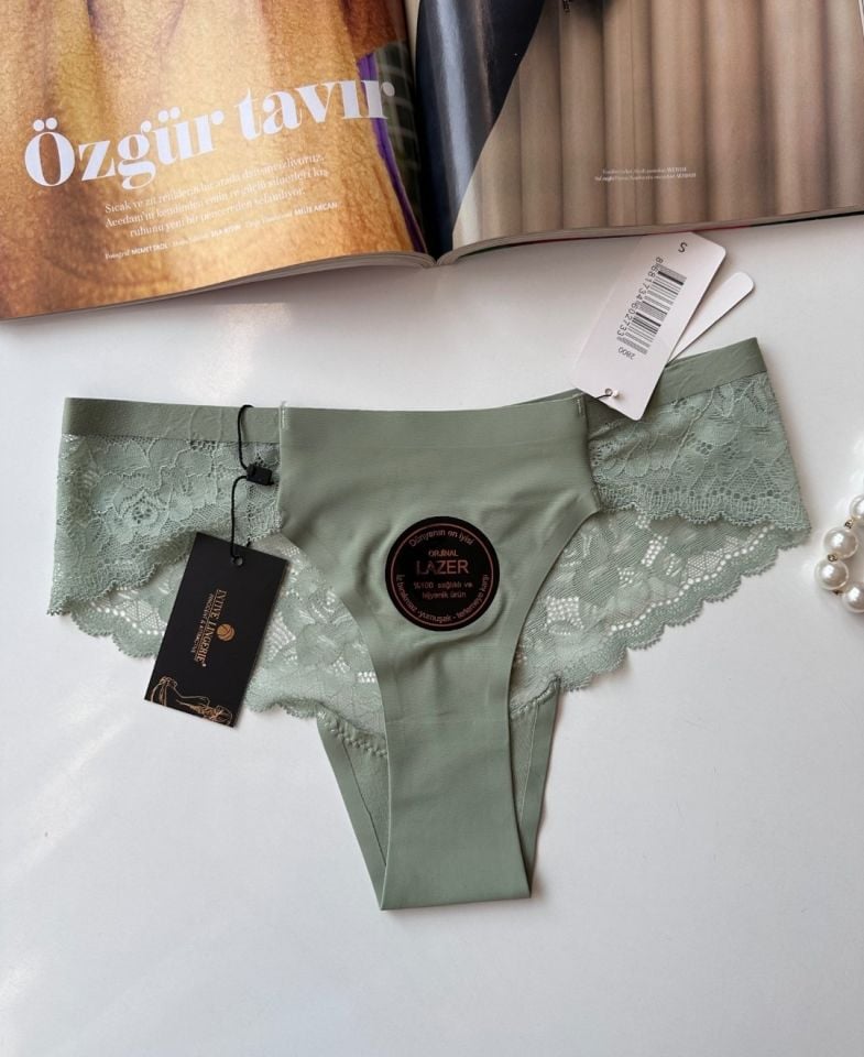 Orijinal Lazer Kesim Üstün Kalite Spandex Invisible Dikişsiz Dantelli Slip/Tanga - 2800 Yeşil - L