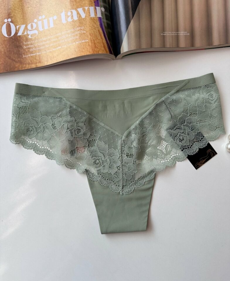 Orijinal Lazer Kesim Üstün Kalite Spandex Invisible Dikişsiz Dantelli Slip/Tanga - 2800 Yeşil - L