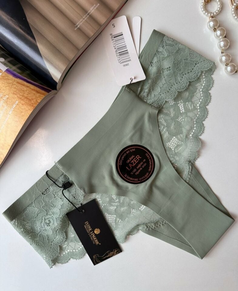 Orijinal Lazer Kesim Üstün Kalite Spandex Invisible Dikişsiz Dantelli Slip/Tanga - 2800 Yeşil - M