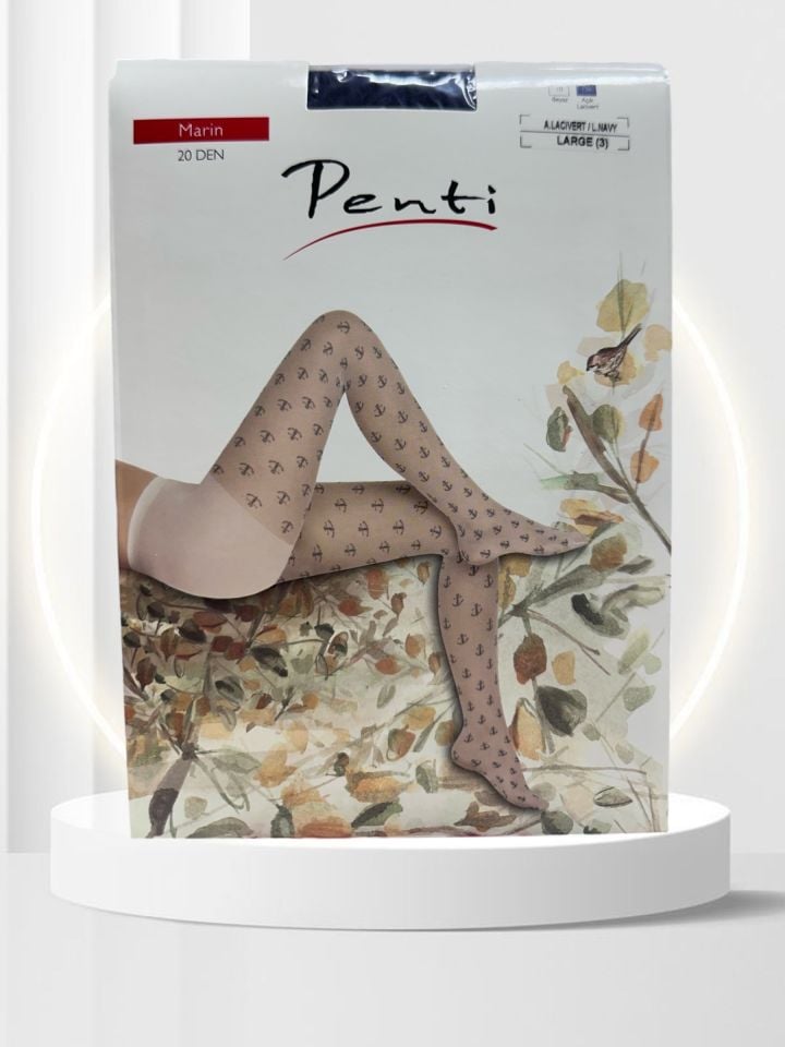 Penti Beyaz Mavi Marin Desenli 20 Den Külotlu Pamuk Ağlı Çorap-Beyaz/Lacivert Lacivert - L