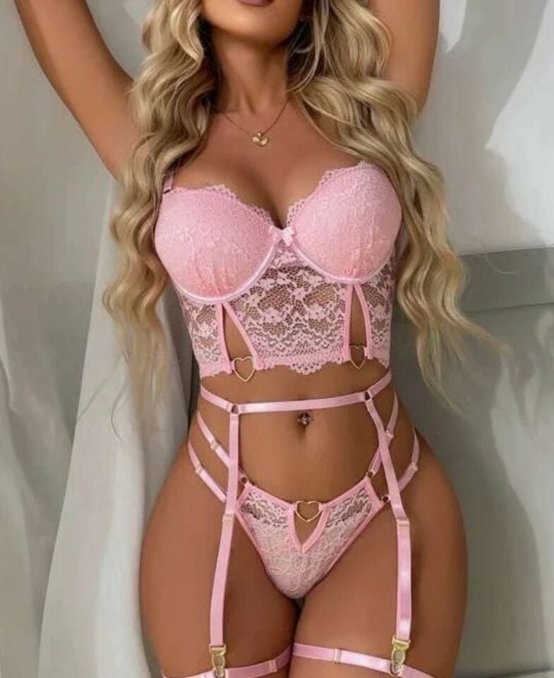 Kadın Kalp Aksesuar Detaylı Dantelli Pembe Jartiyer Takım - 8406 Pembe - S