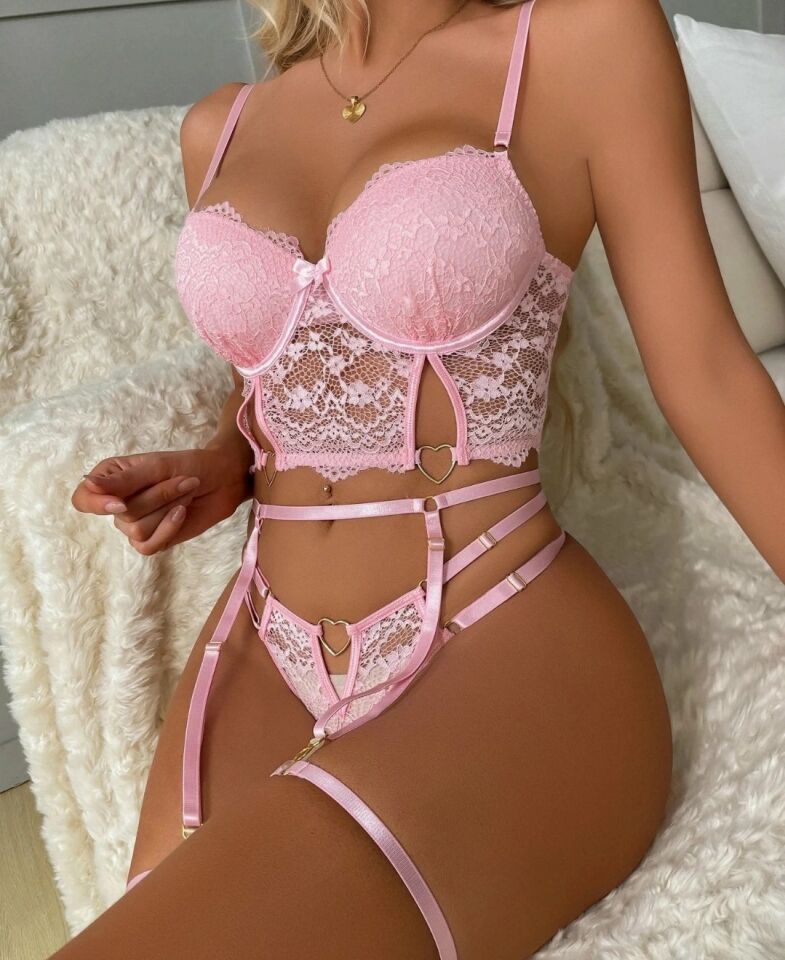 Kadın Kalp Aksesuar Detaylı Dantelli Pembe Jartiyer Takım - 8406 Pembe - L