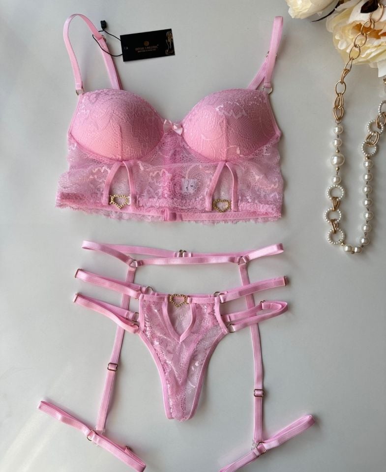 Kadın Kalp Aksesuar Detaylı Dantelli Pembe Jartiyer Takım - 8406 Pembe - L