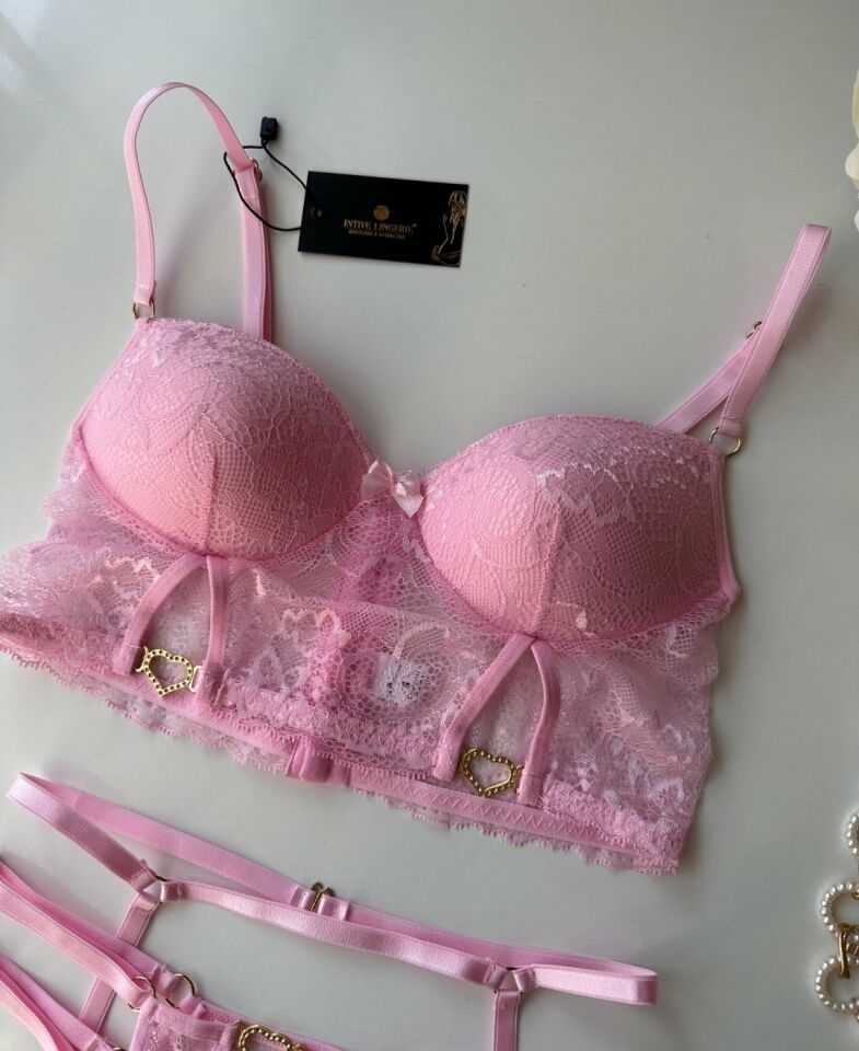 Kadın Kalp Aksesuar Detaylı Dantelli Pembe Jartiyer Takım - 8406 Pembe - L