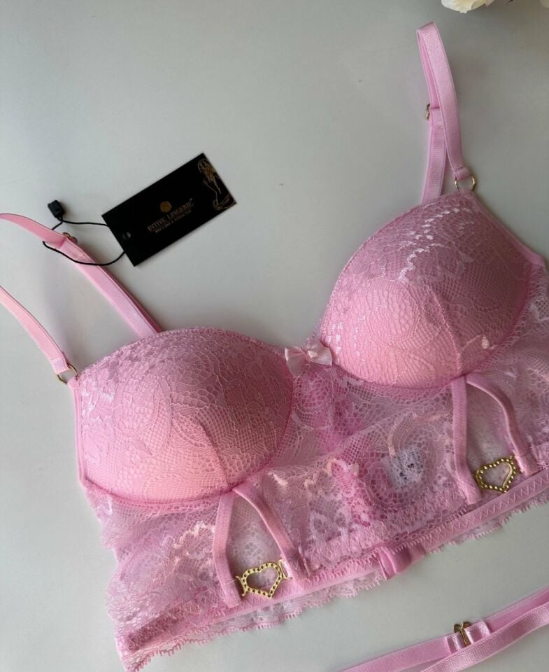Kadın Kalp Aksesuar Detaylı Dantelli Pembe Jartiyer Takım - 8406 Pembe - L