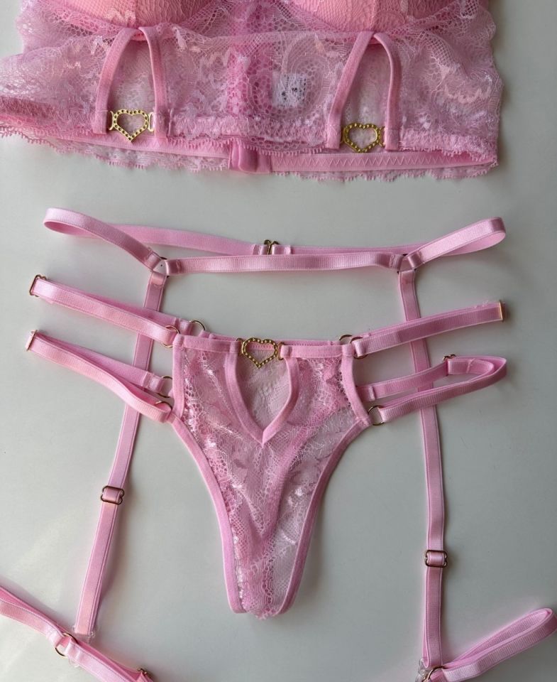 Kadın Kalp Aksesuar Detaylı Dantelli Pembe Jartiyer Takım - 8406 Pembe - L