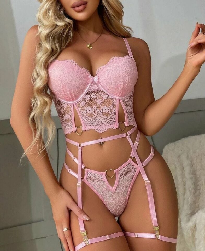 Kadın Kalp Aksesuar Detaylı Dantelli Pembe Jartiyer Takım - 8406 Pembe - M