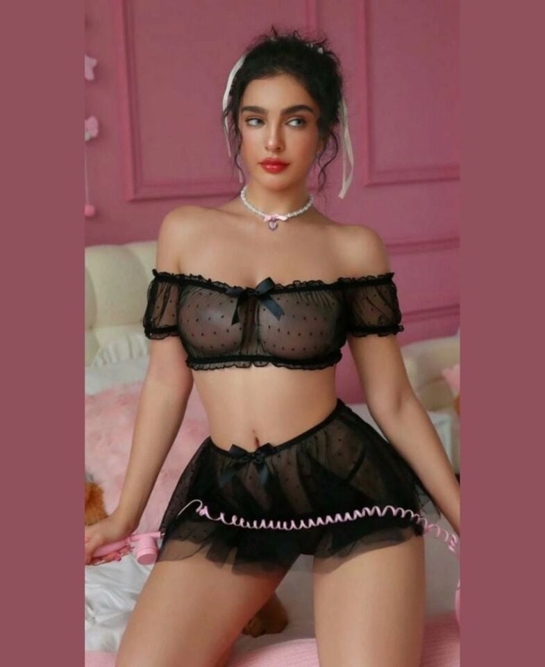 Intive Puantiye Desen Tül Siyah Transparan Mini Crop Etek Tanga Takım Siyah - S/M