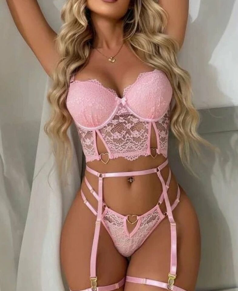 Kadın Kalp Aksesuar Detaylı Dantelli Pembe Jartiyer Takım - 8406 Pembe - XL
