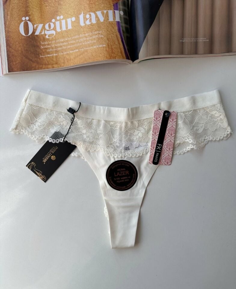 Orijinal Lazer Kesim Üstün Kalite Spandex Invisible Dikişsiz Dantelli Tanga - 2801 Beyaz - S