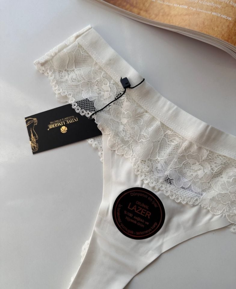 Orijinal Lazer Kesim Üstün Kalite Spandex Invisible Dikişsiz Dantelli Tanga - 2801 Beyaz - S