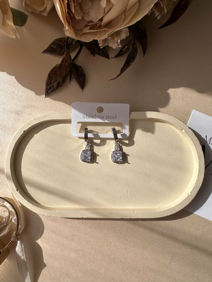 Kadın Swarovski Baget Taşlı Çelik Küpe (Gold ve Gümüş) Gümüş