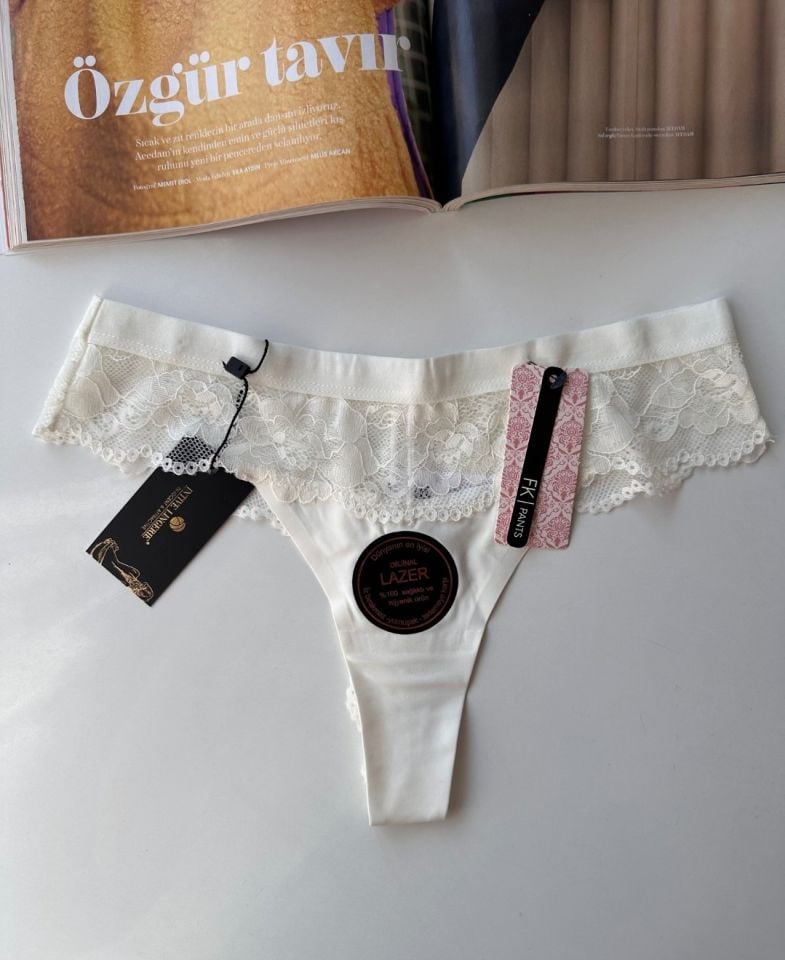 Orijinal Lazer Kesim Üstün Kalite Spandex Invisible Dikişsiz Dantelli Tanga - 2801 Beyaz - L