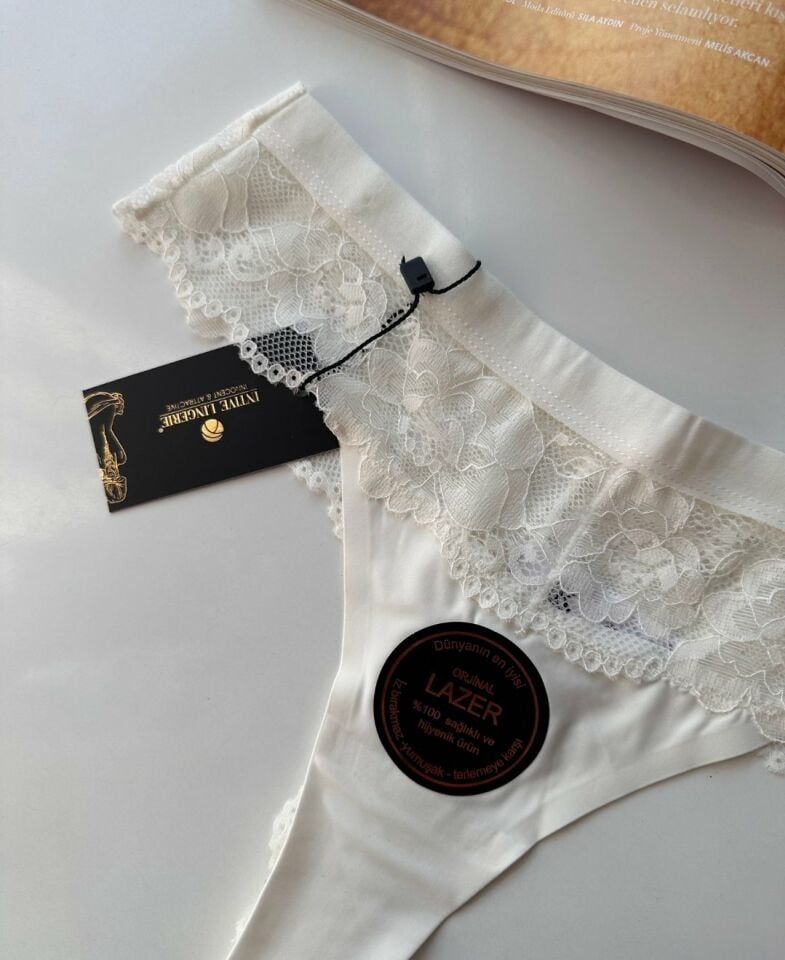 Orijinal Lazer Kesim Üstün Kalite Spandex Invisible Dikişsiz Dantelli Tanga - 2801 Beyaz - L
