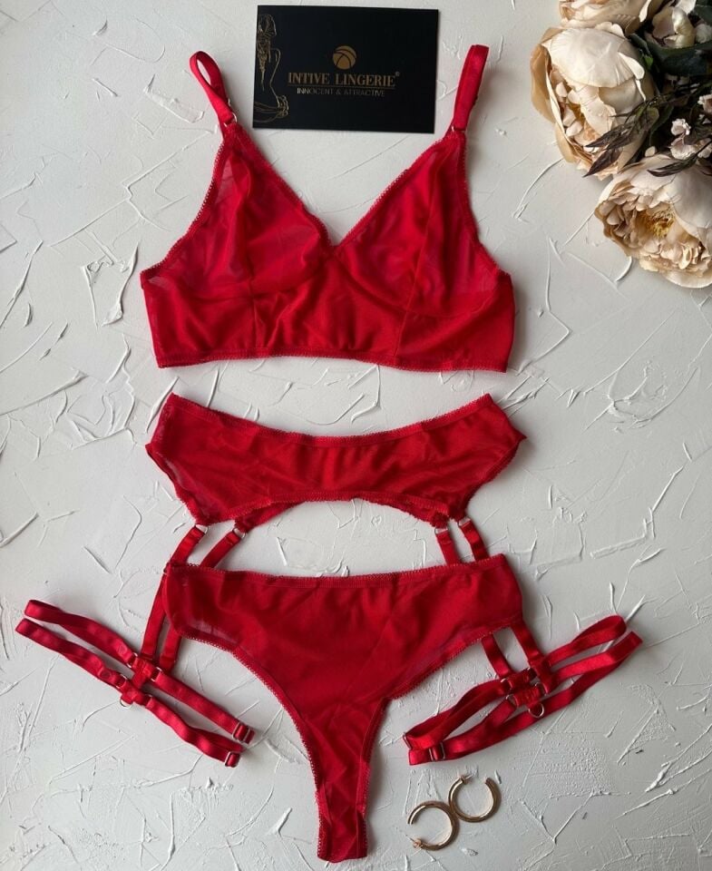Passion Kırmızı Tamamı Tül Transparan Bacak Aksesuarlı Jartiyer Takım Kırmızı - L/XL