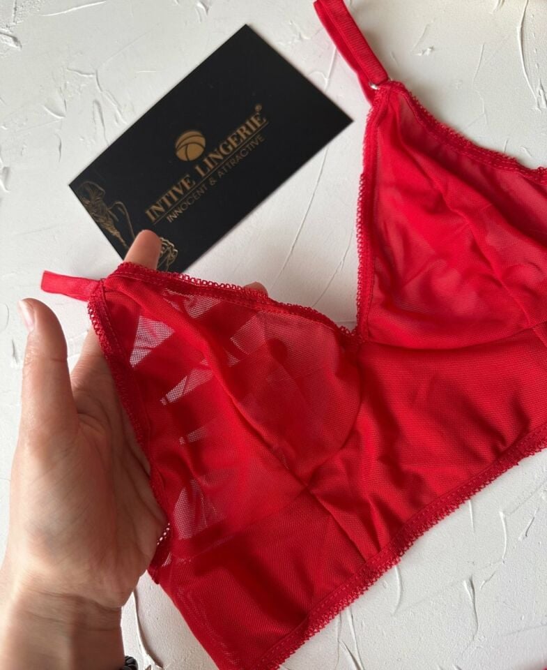 Passion Kırmızı Tamamı Tül Transparan Bacak Aksesuarlı Jartiyer Takım Kırmızı - L/XL