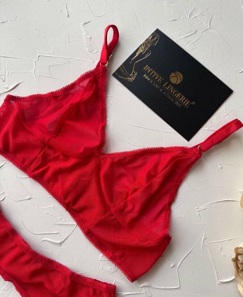 Passion Kırmızı Tamamı Tül Transparan Bacak Aksesuarlı Jartiyer Takım Kırmızı - L/XL