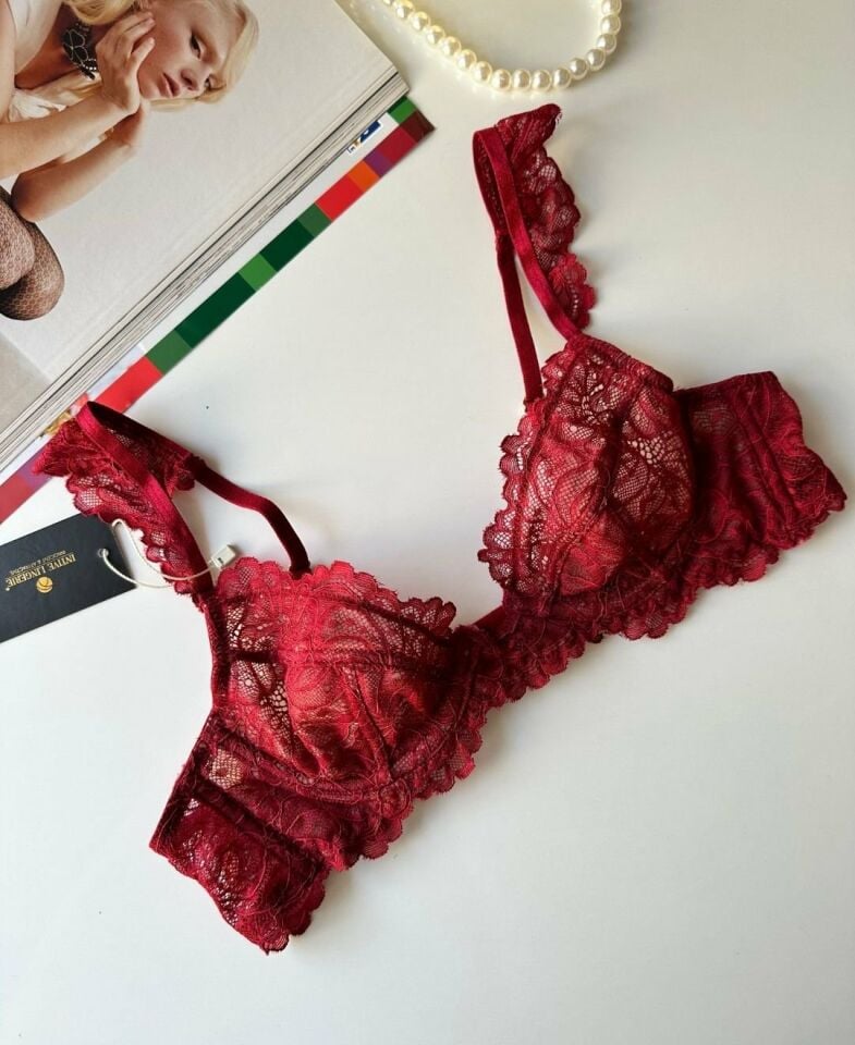 Ava Intive Bordo Dantelli Balenli Kol Detaylı Seksi Sütyen Bordo - S