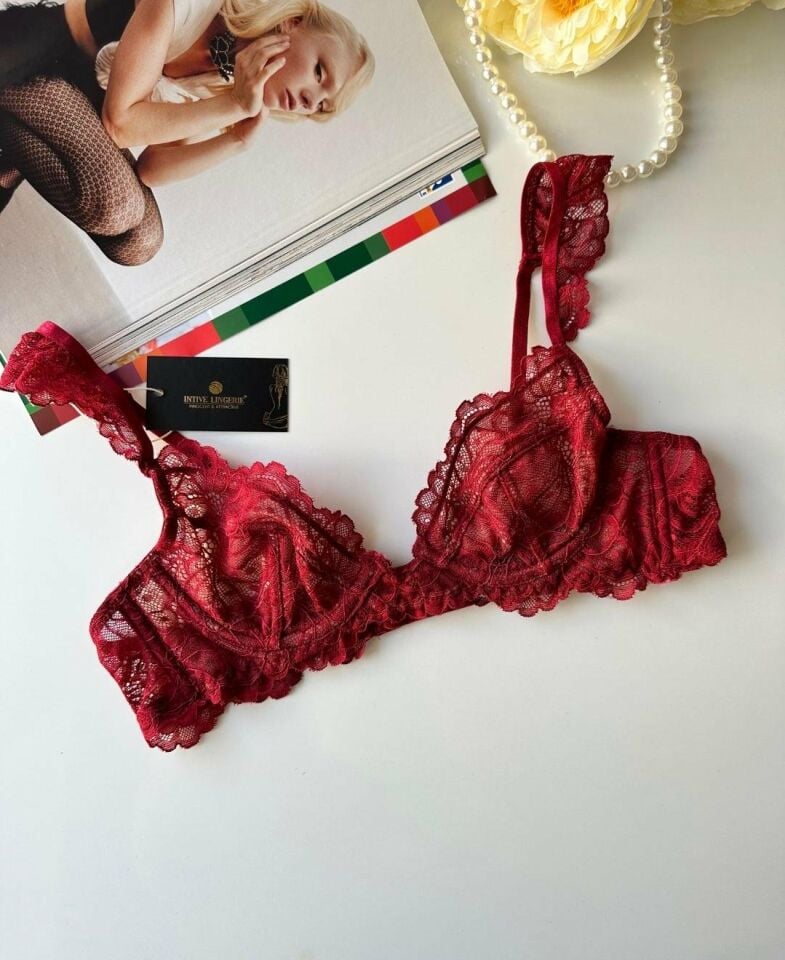 Ava Intive Bordo Dantelli Balenli Kol Detaylı Seksi Sütyen Bordo - S