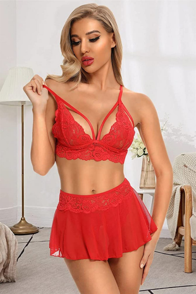 YNT Özel Bölgesi Açık Kırmızı Etekli Bralet Sütyen Takım 16016 Kırmızı - 2XL-3XL
