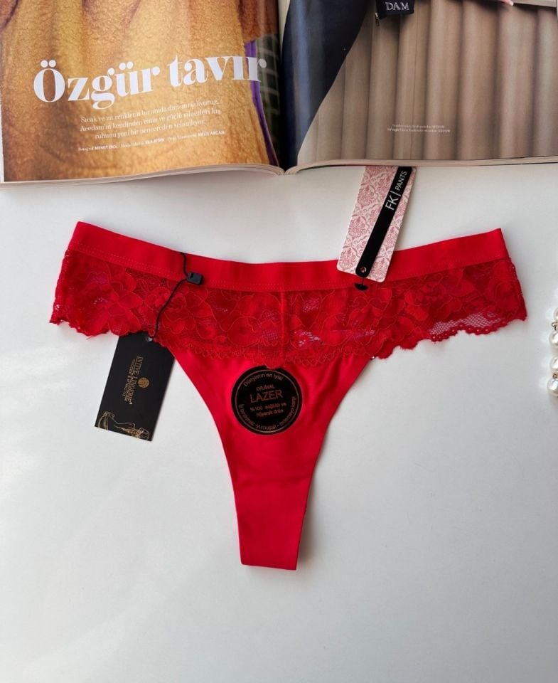 Orijinal Lazer Kesim Üstün Kalite Spandex Invisible Dikişsiz Dantelli Tanga - 2801 Kırmızı - L