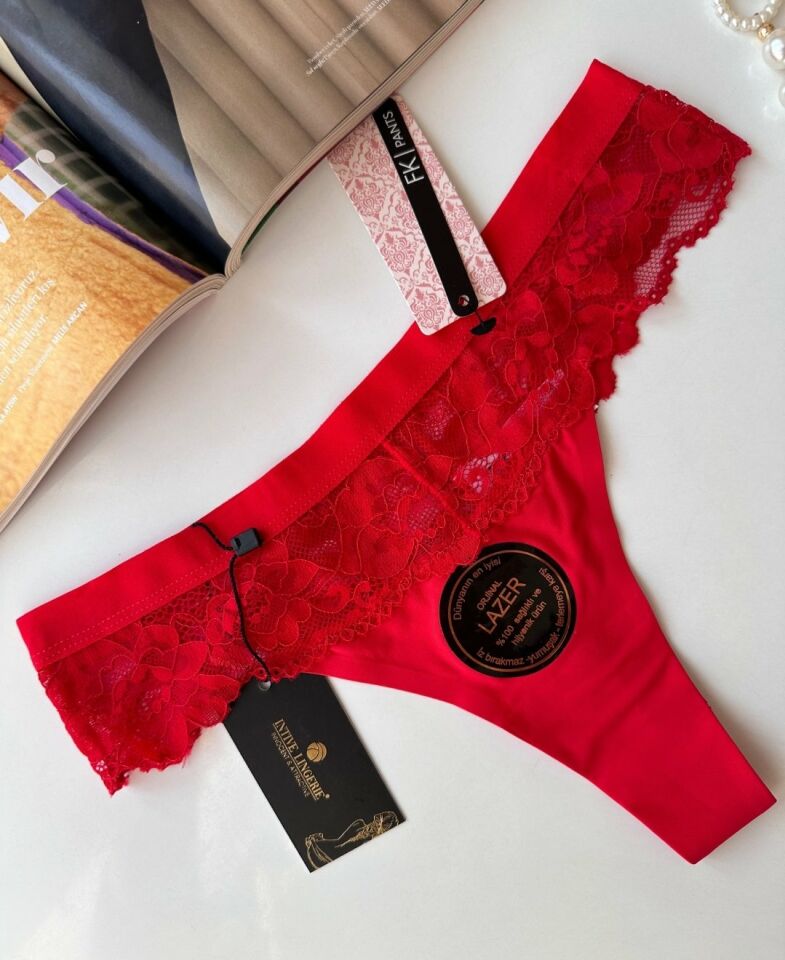 Orijinal Lazer Kesim Üstün Kalite Spandex Invisible Dikişsiz Dantelli Tanga - 2801 Kırmızı - L