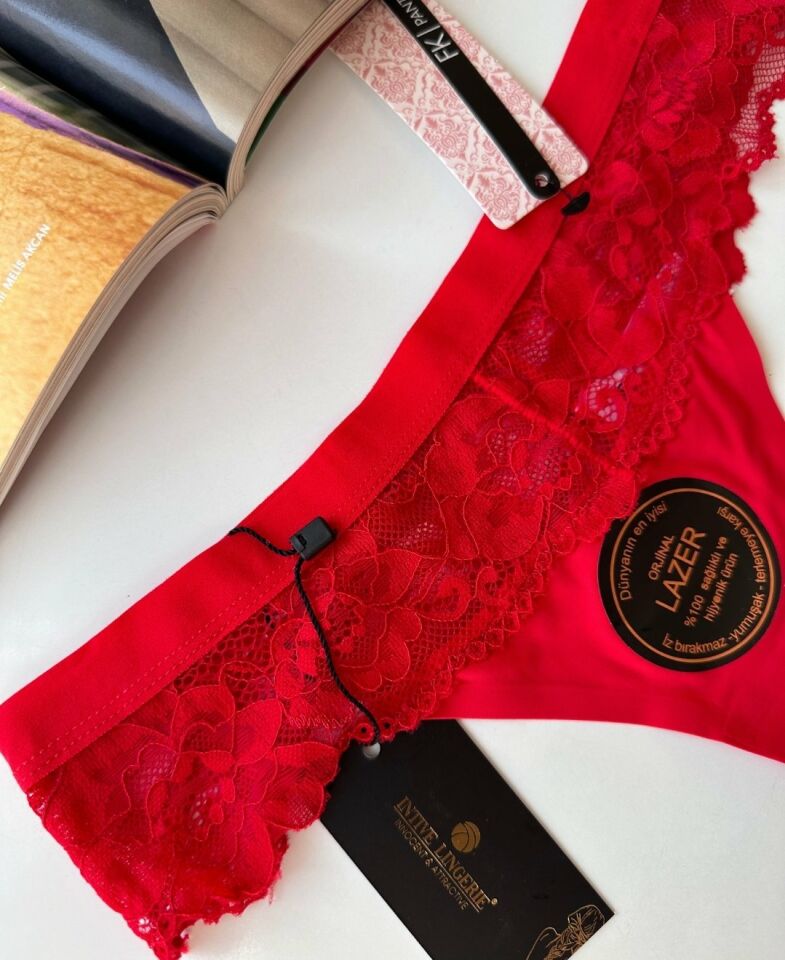 Orijinal Lazer Kesim Üstün Kalite Spandex Invisible Dikişsiz Dantelli Tanga - 2801 Kırmızı - M