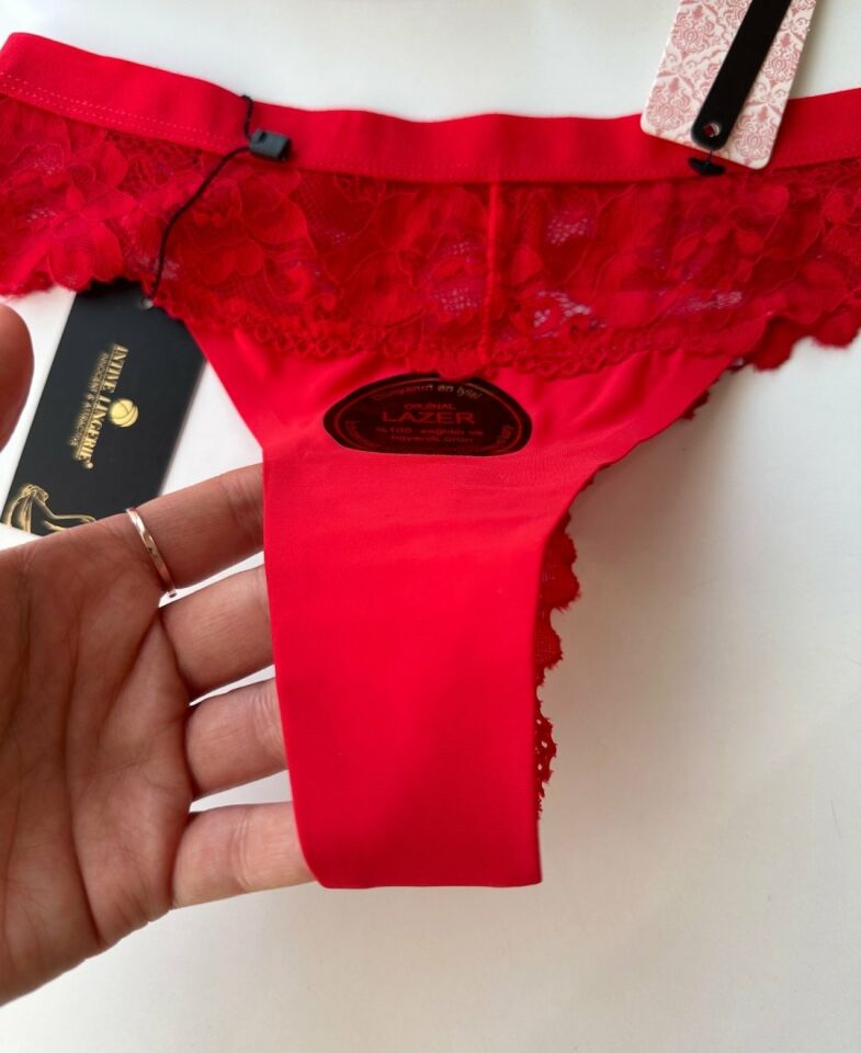 Orijinal Lazer Kesim Üstün Kalite Spandex Invisible Dikişsiz Dantelli Tanga - 2801 Kırmızı - M